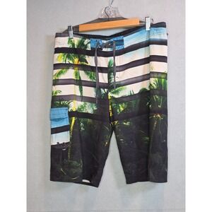 First Wave Mens Tropical Palm Tree Striped Board Shorts Blue Black 18/20